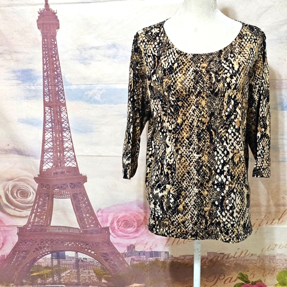 Ruby Rd. Snakeskin Print Blouse in Black, Brown, and Cream Sz 1X